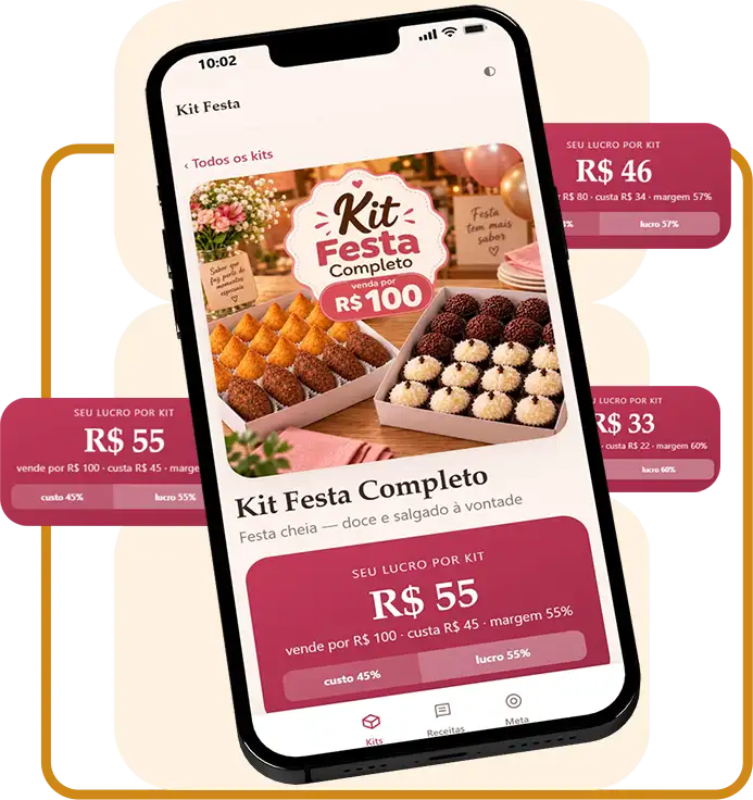 O aplicativo Kit Festa aberto no celular, mostrando o kit montado e o lucro de cada venda